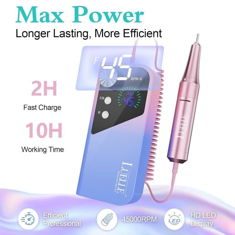 Luelle Electric Nail Drill File Professional 45000 RPM, Electric Nail File Machine Kit for Acrylic Gel Nails Polishing Removing, Portable Rechargeable Cordless E File with Gold Bits Kit for Salon Home - Image 4